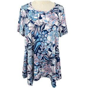 Women XL SS Tunic Top Colorful Floral Paisley Sharkbite Hanky Hem Boho Artsy EUC